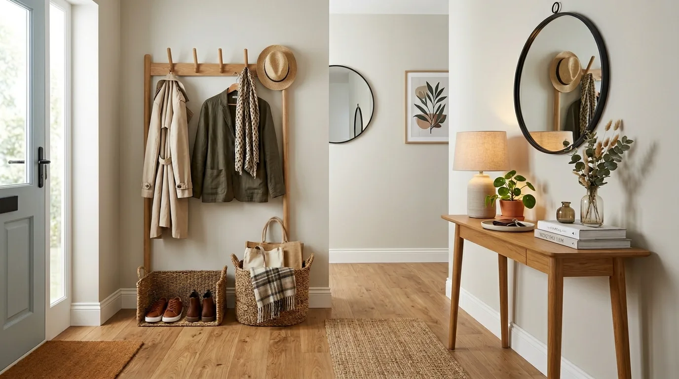 Rental living room upgraded with a large area rug and warm styling.