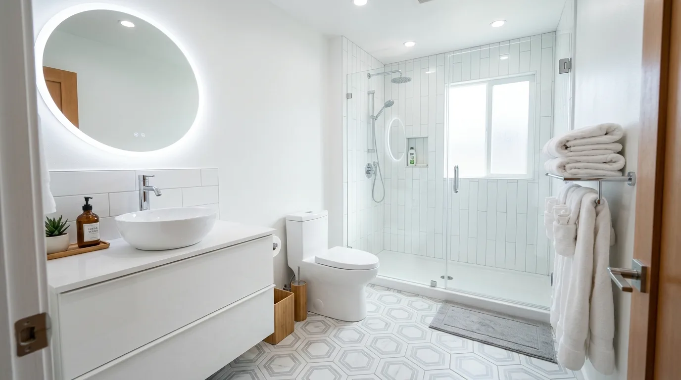 Temporary home upgrade using warm portable lighting in a rental space.