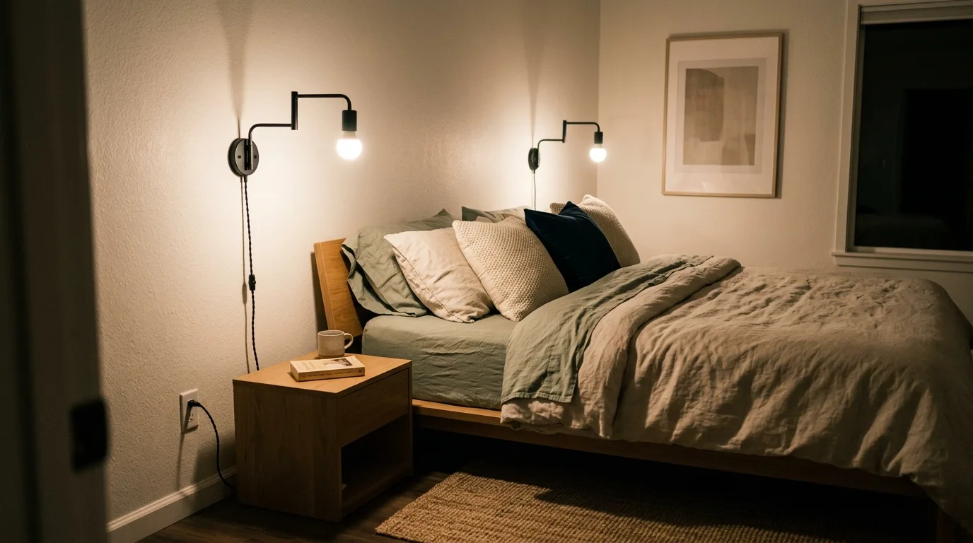 Rental living room corner upgraded with a large potted plant.