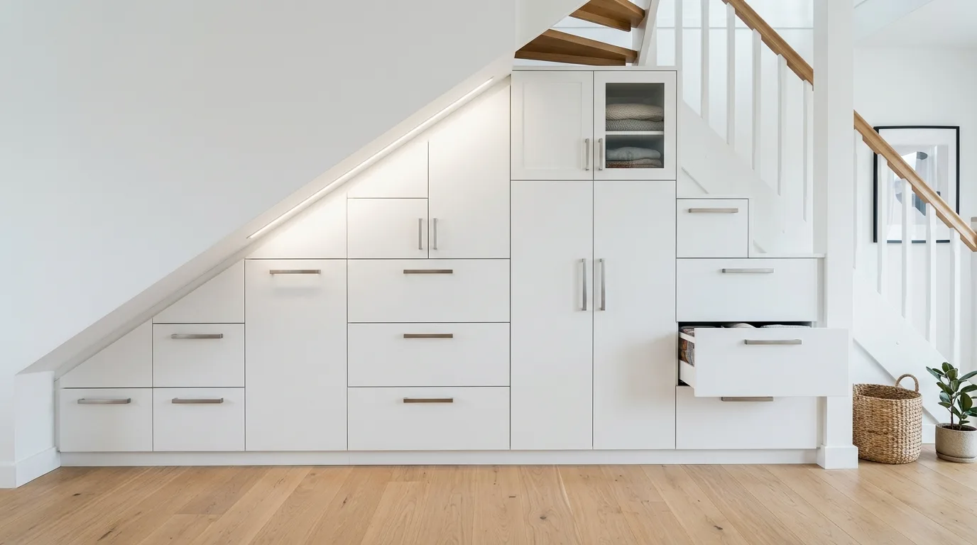 Built-in shelving and storage neatly designed beneath a staircase to maximize wasted space.