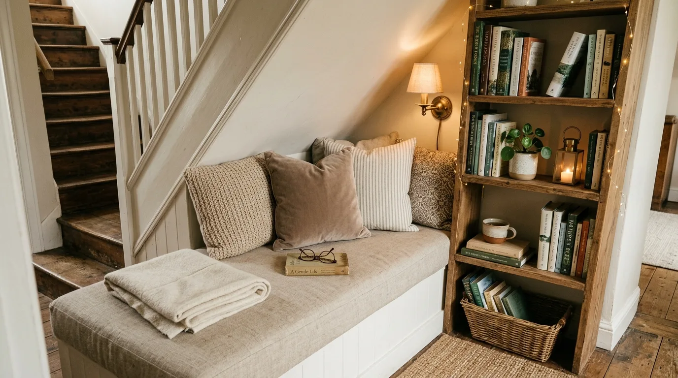Under-stairs storage with closed drawers integrated into the staircase wall.