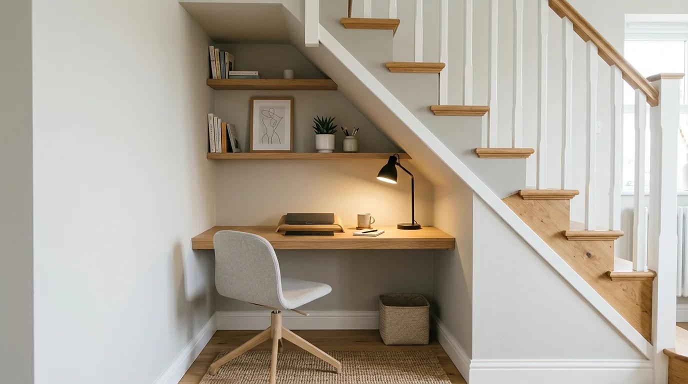 Cozy reading nook created under the stairs with a bench and soft lighting.