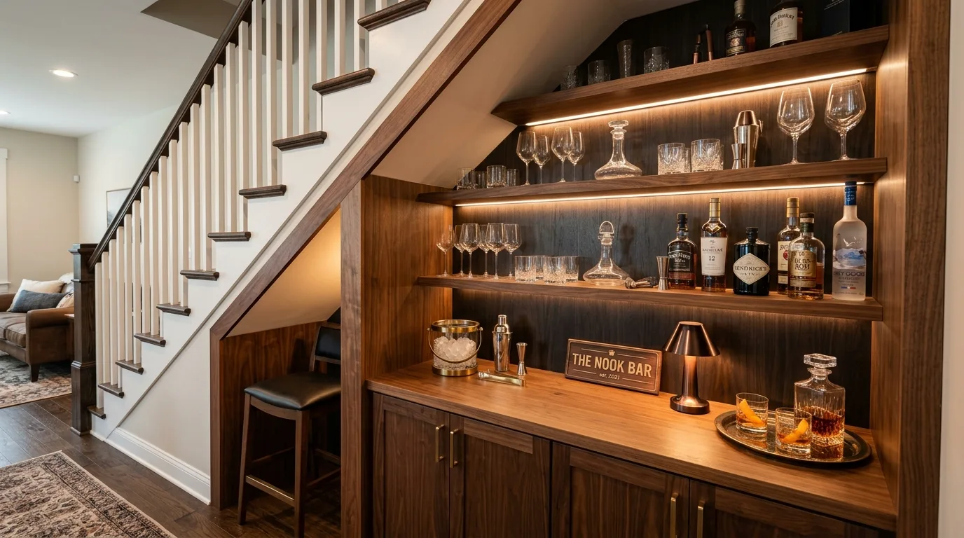 Mini mudroom with hooks and storage cubbies under a staircase.