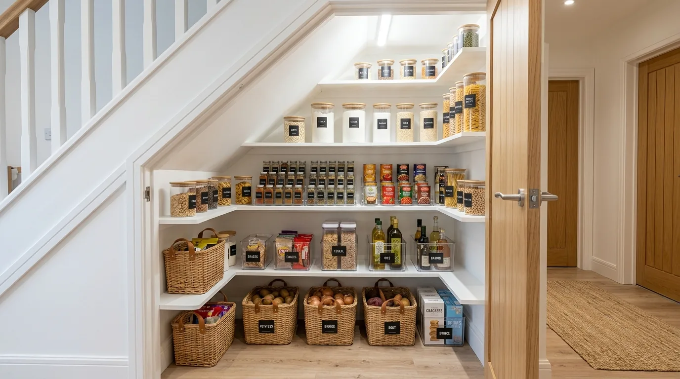 Small home office desk setup cleverly installed under a staircase.