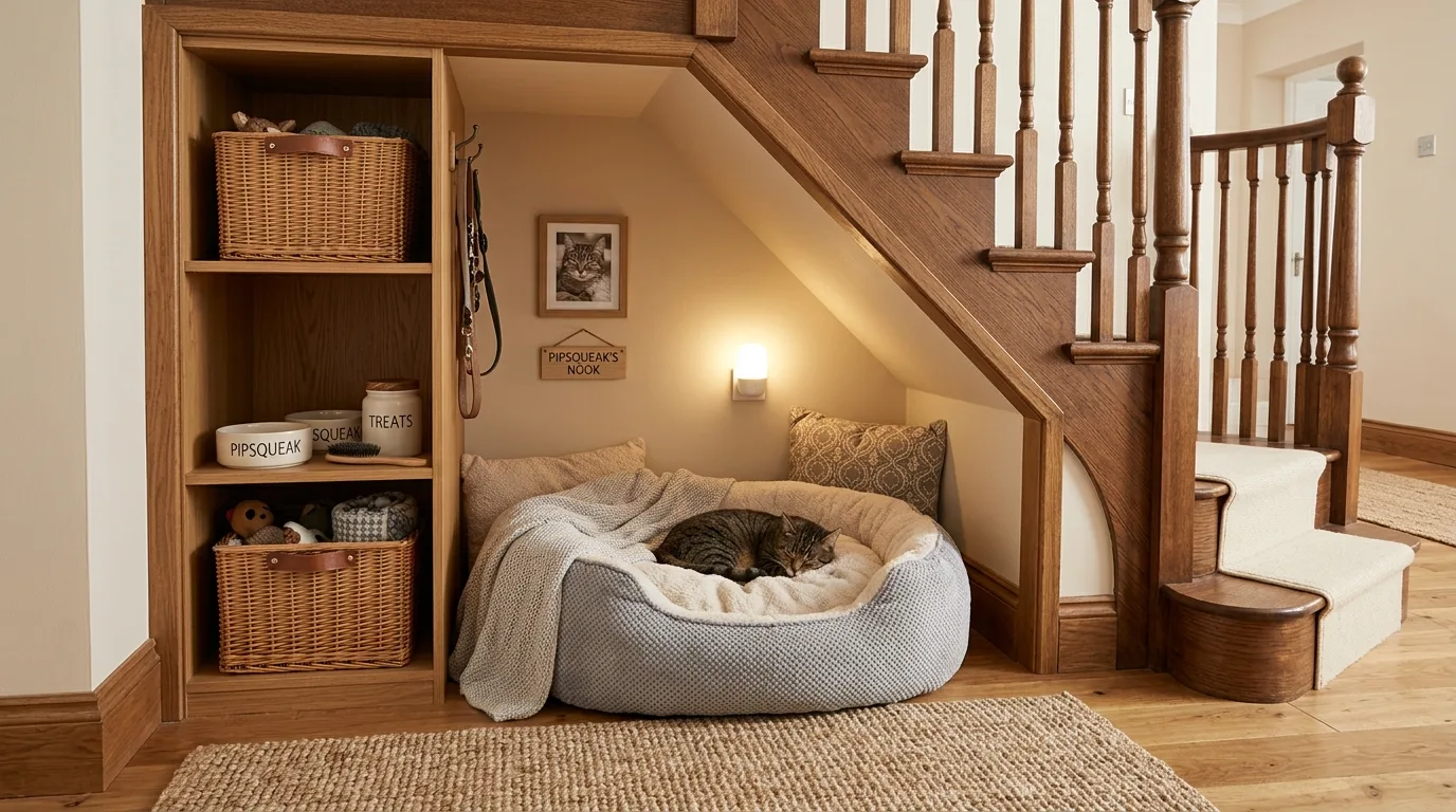 Kitchen-adjacent pantry storage built under a staircase with organized cabinets.