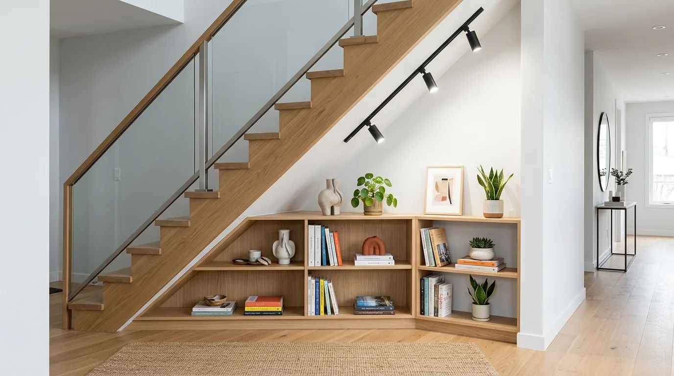 Stylish pet area created beneath a staircase with built-in bedding and storage.
