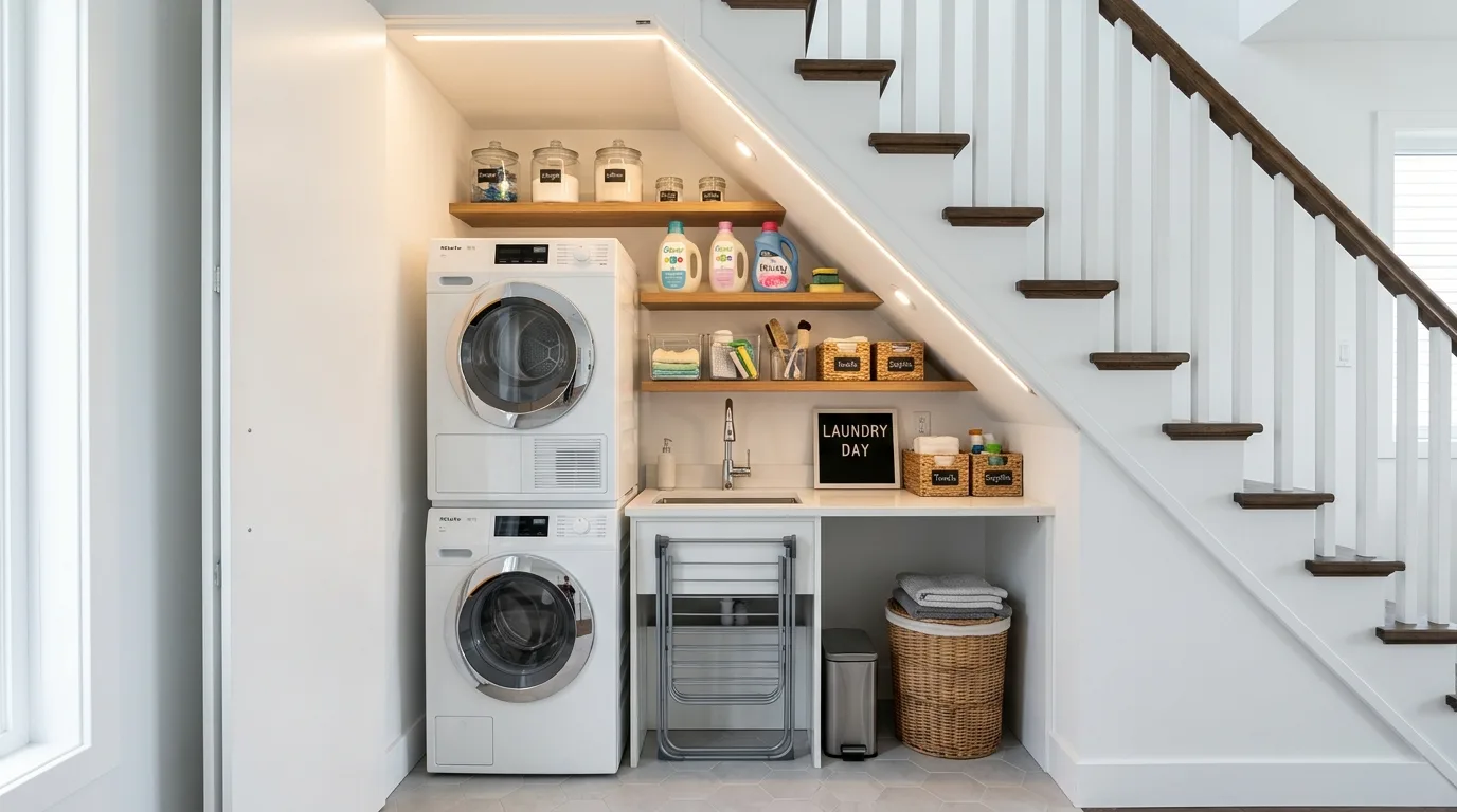 Entertaining nook under the stairs styled as a compact home bar.