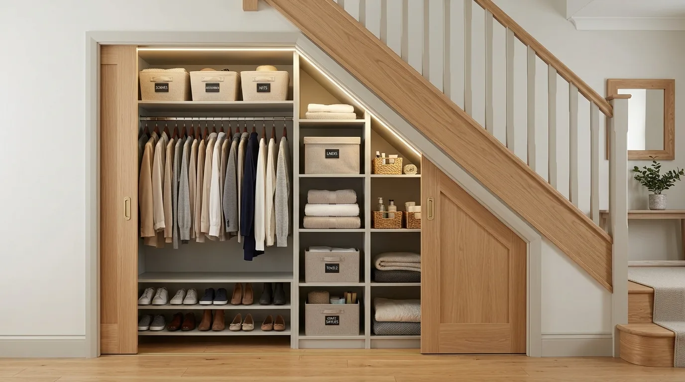 Under-stair open shelving used for baskets, books, and display decor.