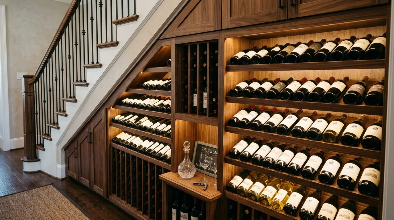 Under-stair bench with woven basket storage and soft cushions.