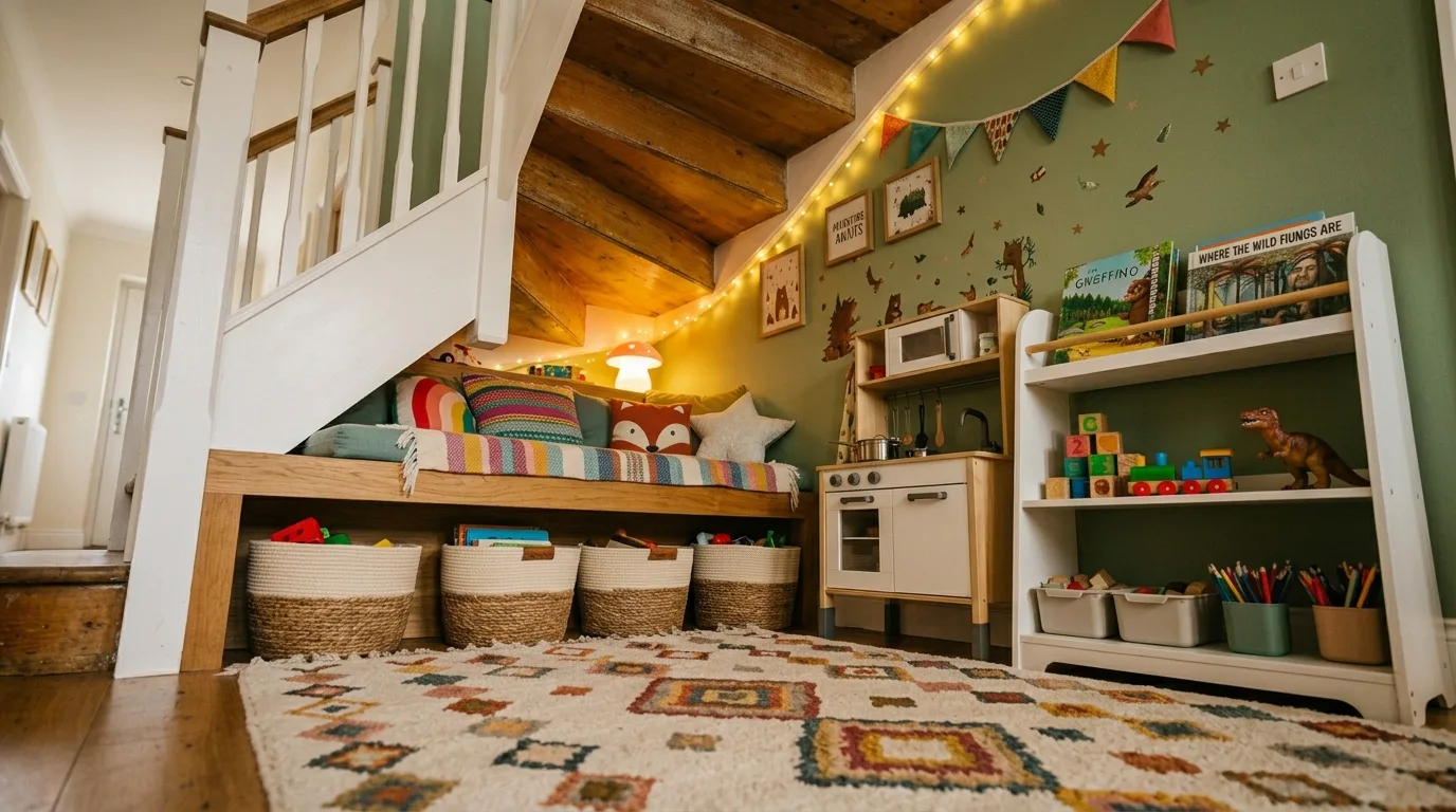 Compact powder room creatively fitted under a staircase with stylish finishes.
