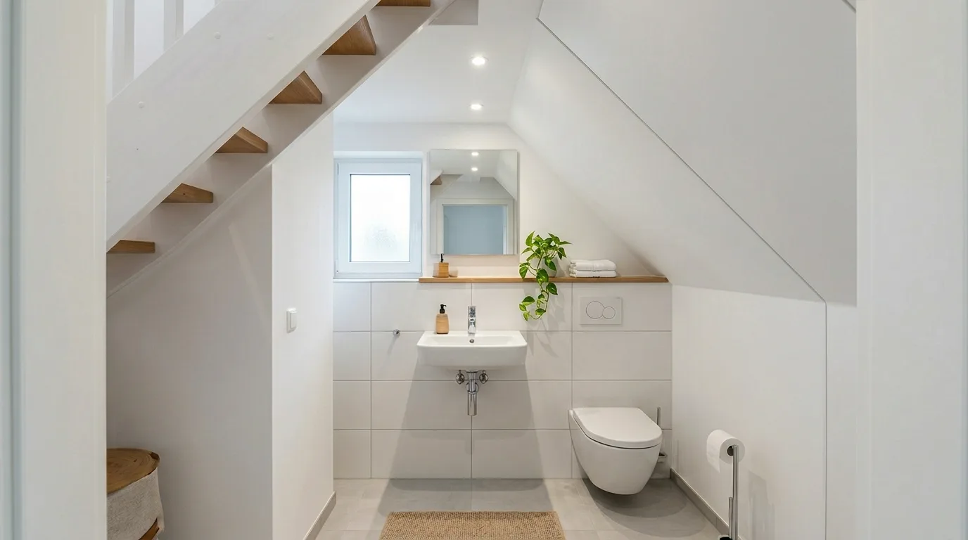 Hidden utility area under the stairs with compact laundry and storage.