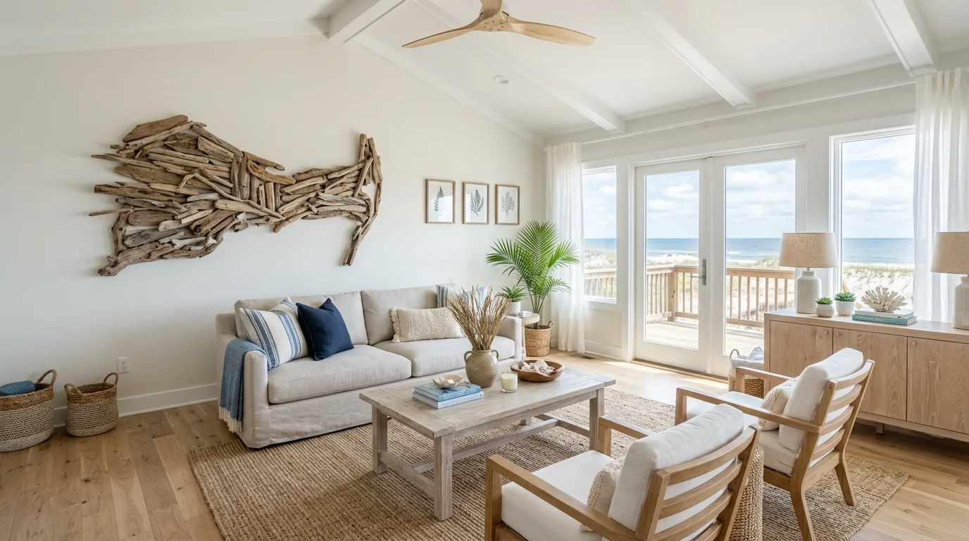 Coastal home decor with airy beach vibes and budget-friendly layered styling.