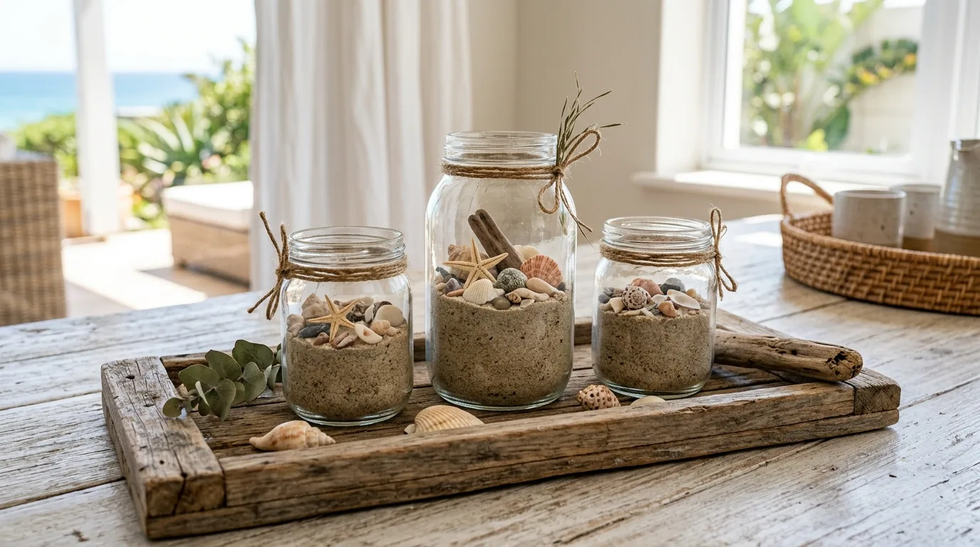 DIY coastal home decor with a soft blue accent wall and pale wood accents.