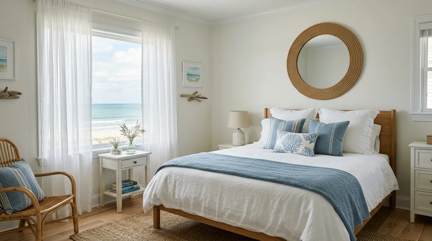 Coastal decor using rope accents, woven baskets, and natural textures indoors.