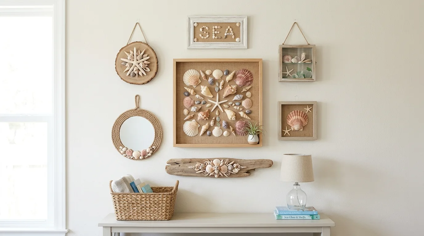 Beach-inspired decor with subtle shell accents in a calm neutral room.