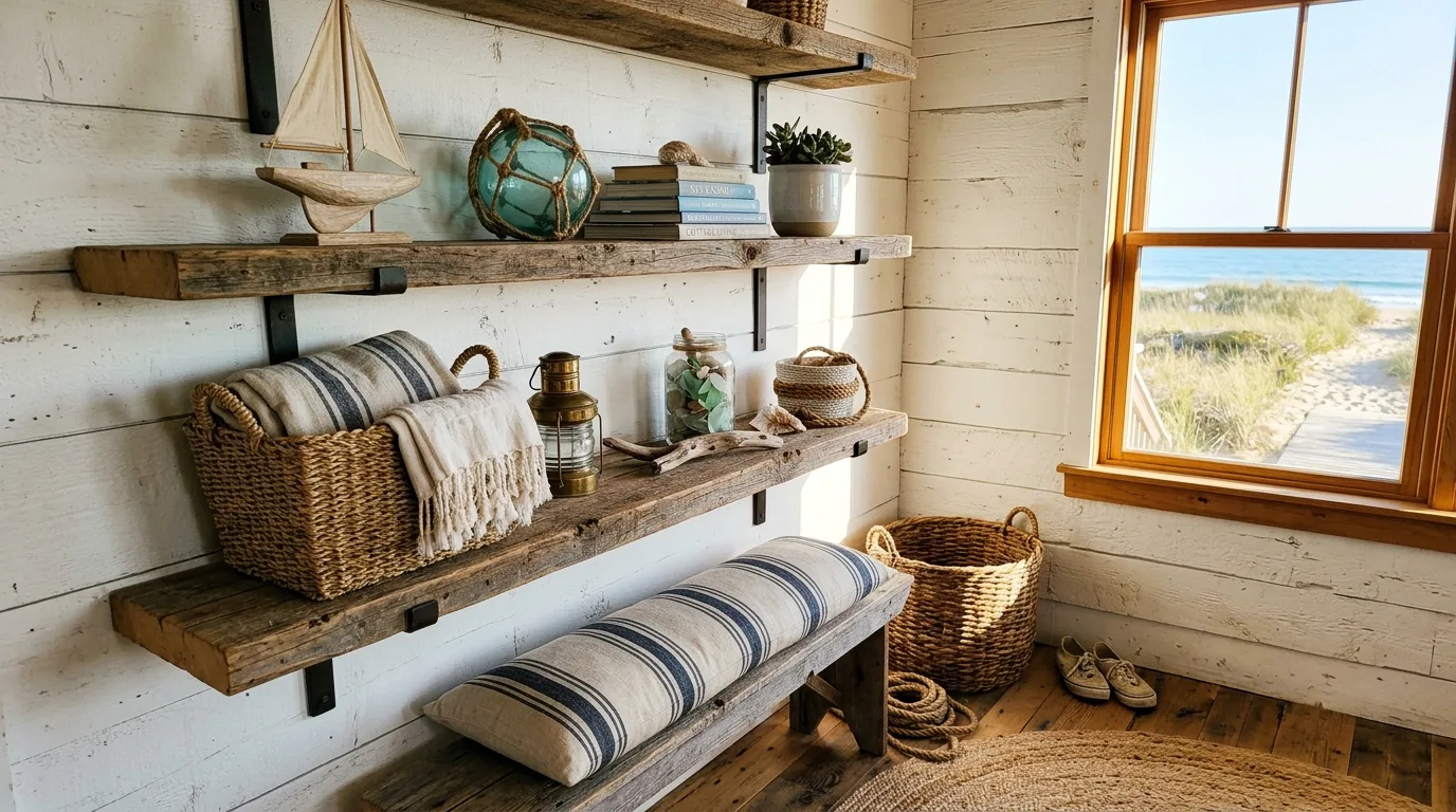 Coastal bedroom with striped textiles and soft blue-and-white beach styling.