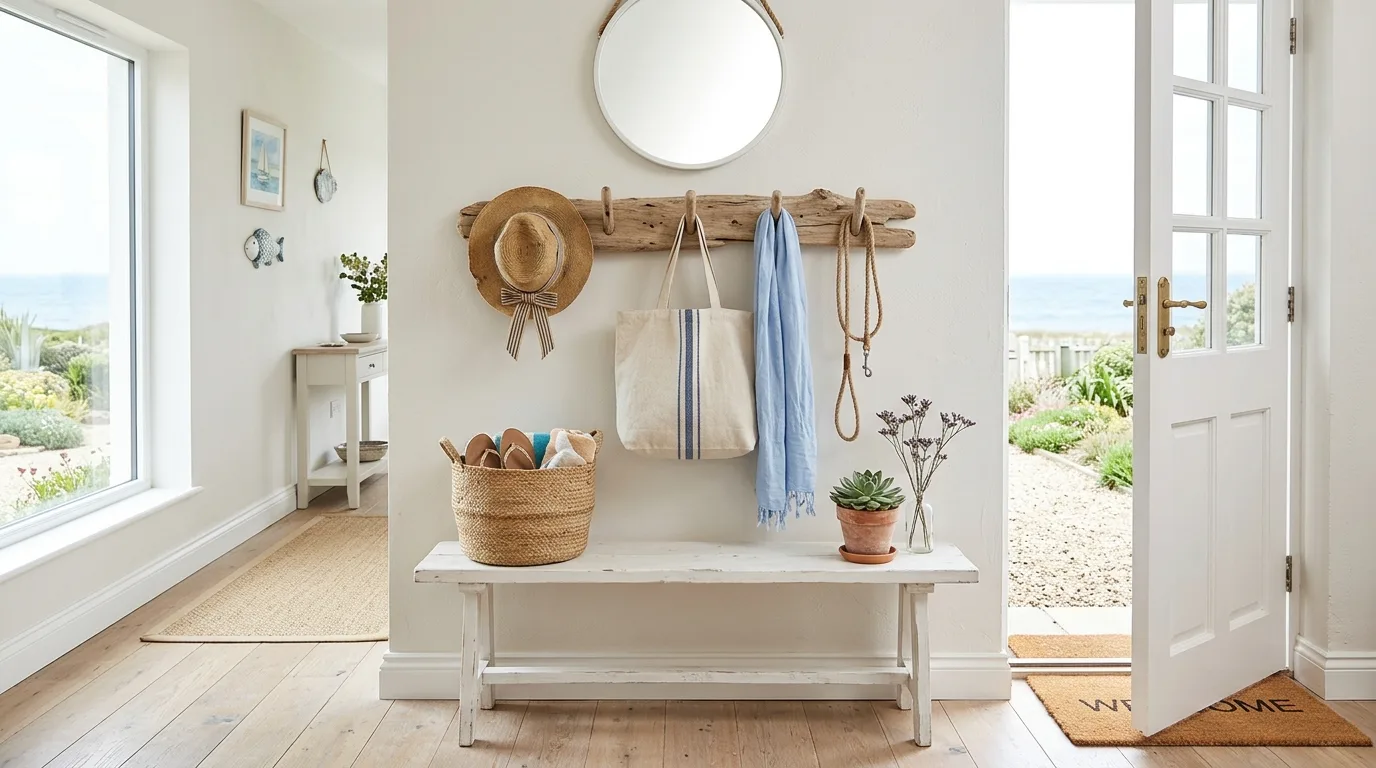Coastal-style room with weathered wood furniture and airy neutral decor.