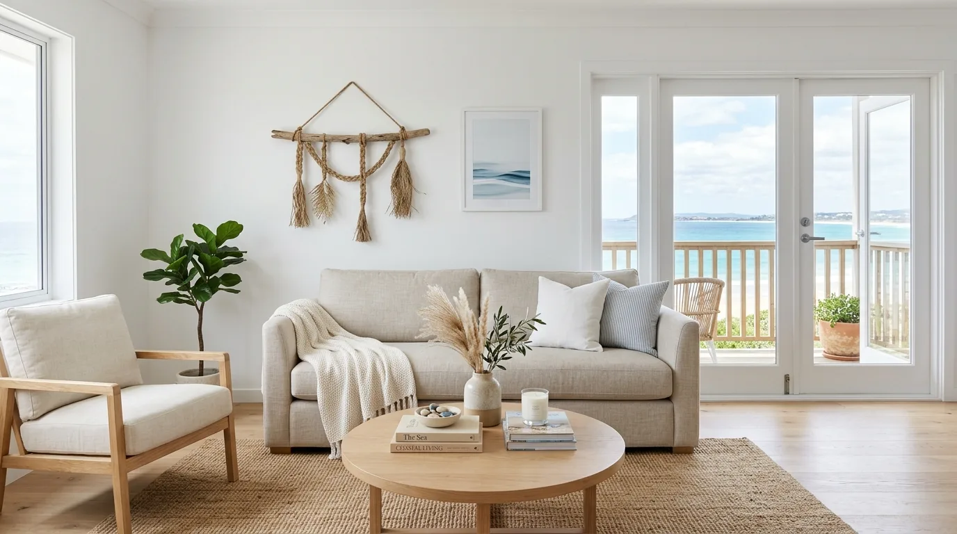 Coastal room with layered linen curtains and breezy natural light.