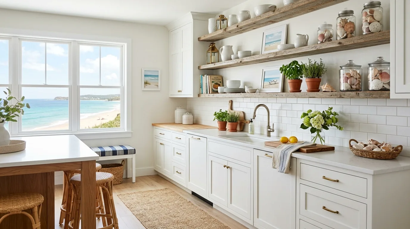 DIY coastal wall art in sand, white, and blue tones above a sofa.