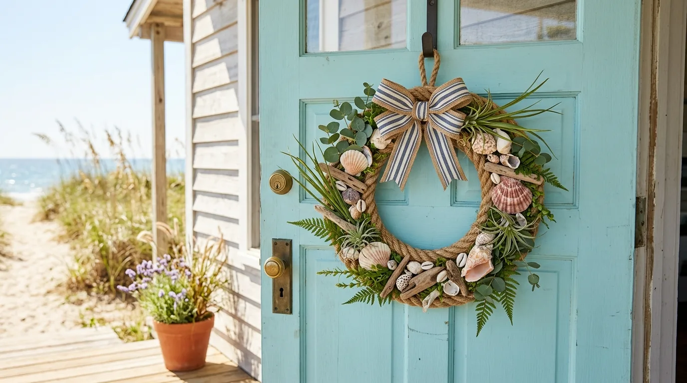 Coastal shelf decor with blue glass bottles and matte ceramic vases.