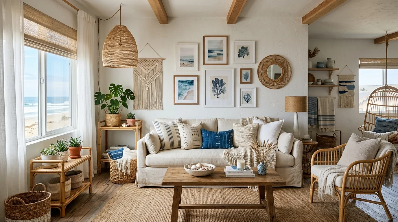 Beachy living room grounded with a jute rug and coastal neutral styling.