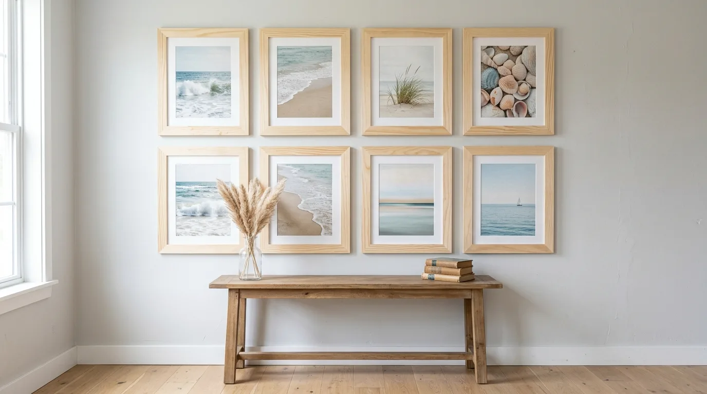 Coastal bedroom with white bedding, pale blue accents, and relaxed textures.