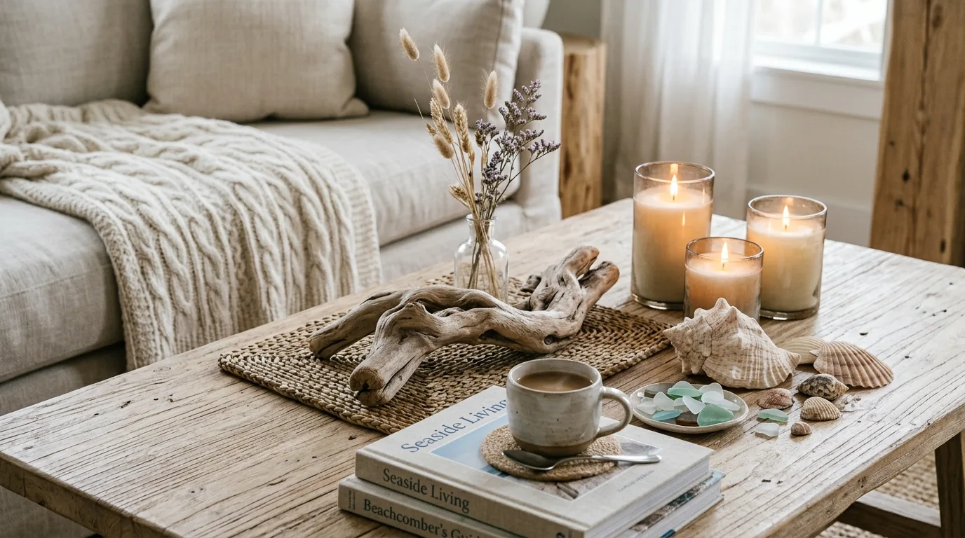 Coastal home decor with lanterns, candlelight, and warm evening beach vibes.