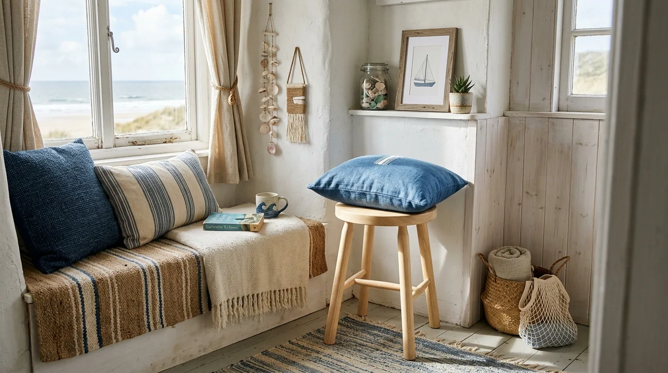 Coastal interior with indoor greenery, pale decor, and breezy beach-house styling.