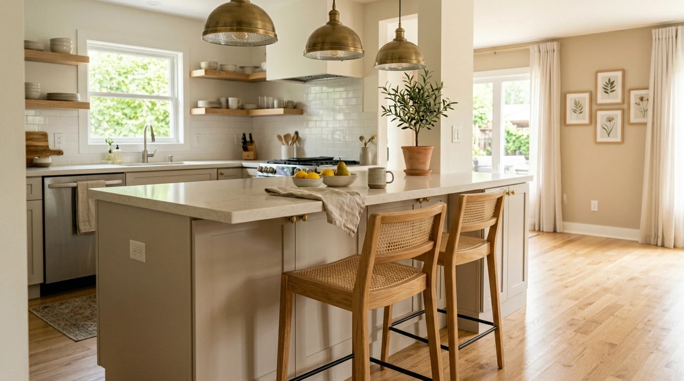 Wall-mounted breakfast bar ledge in a compact kitchen layout.