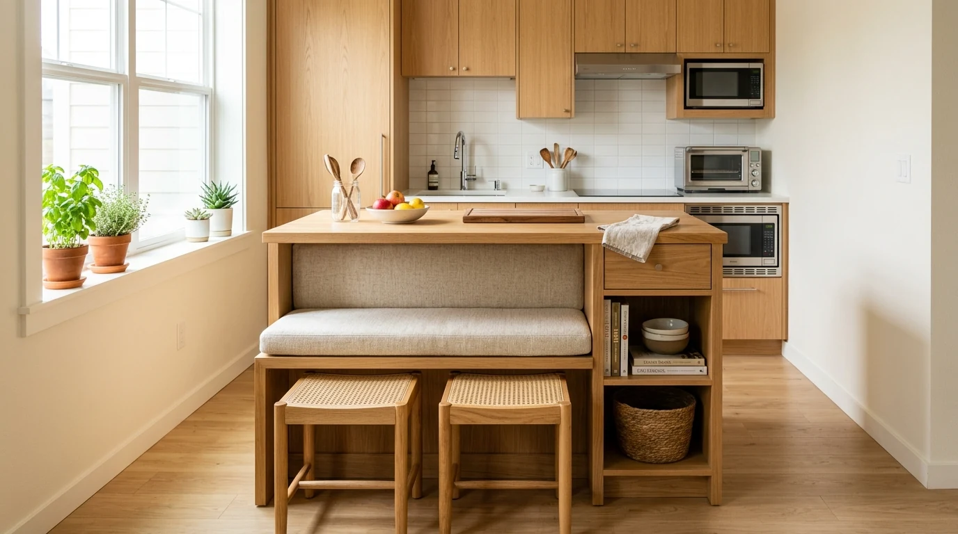 Modern small kitchen with a waterfall-edge breakfast bar and seating.