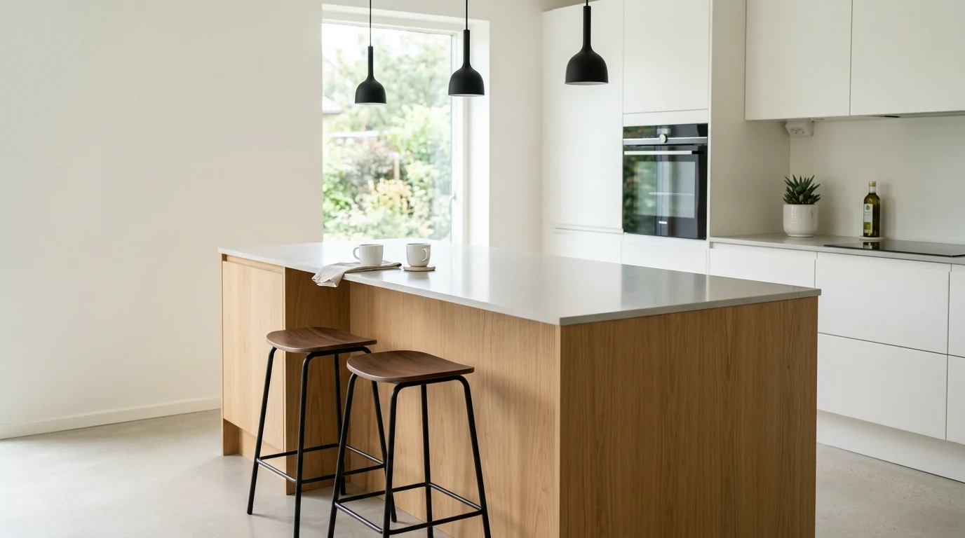 Compact breakfast bar corner with seating for two in a small kitchen.