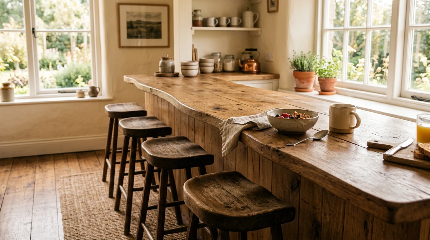 Window-side breakfast bar in a small kitchen with stools and natural light.