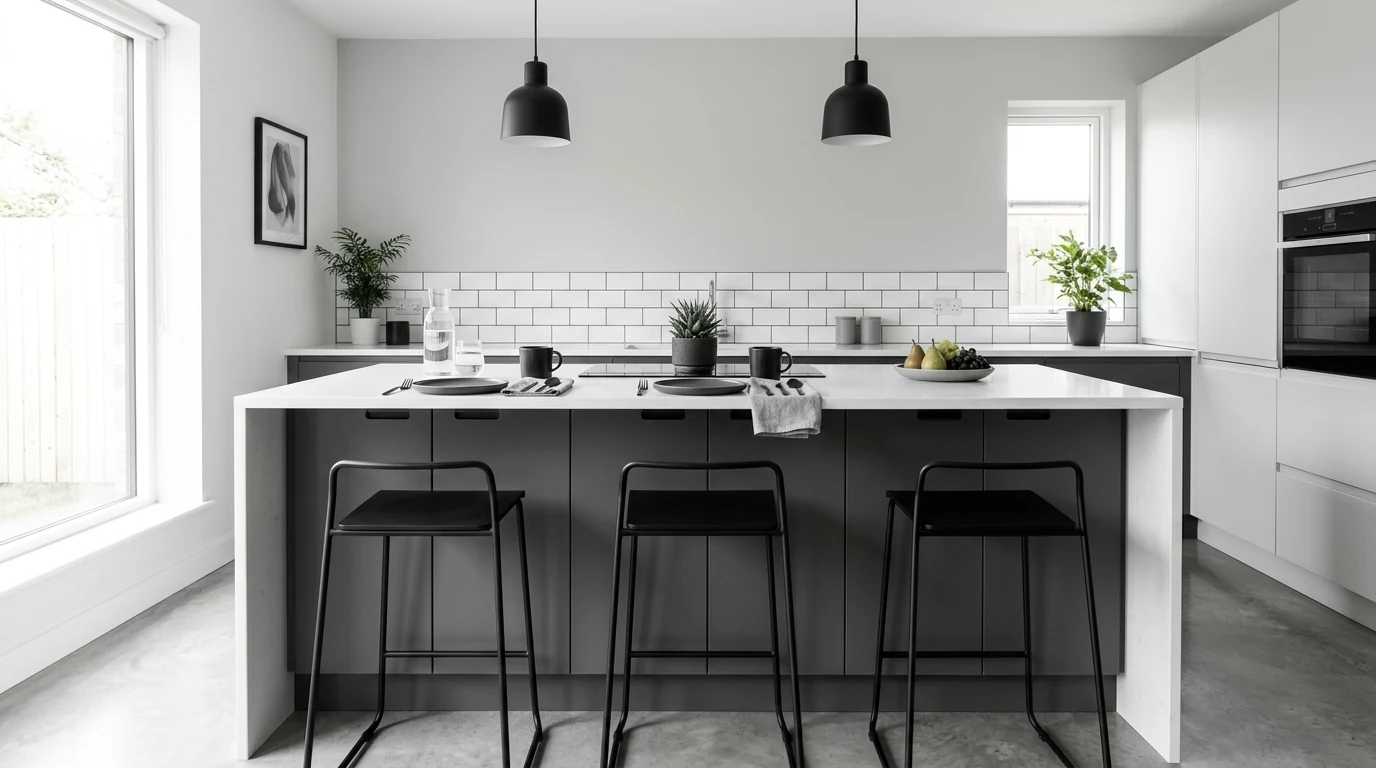 Narrow butcher-block breakfast bar shelf in a cozy small kitchen.