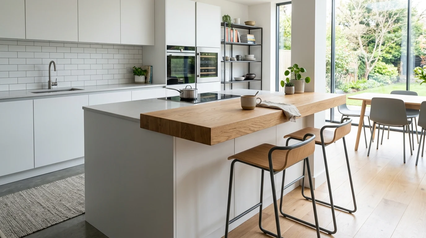 Small kitchen breakfast bar with built-in storage and hidden cabinets.