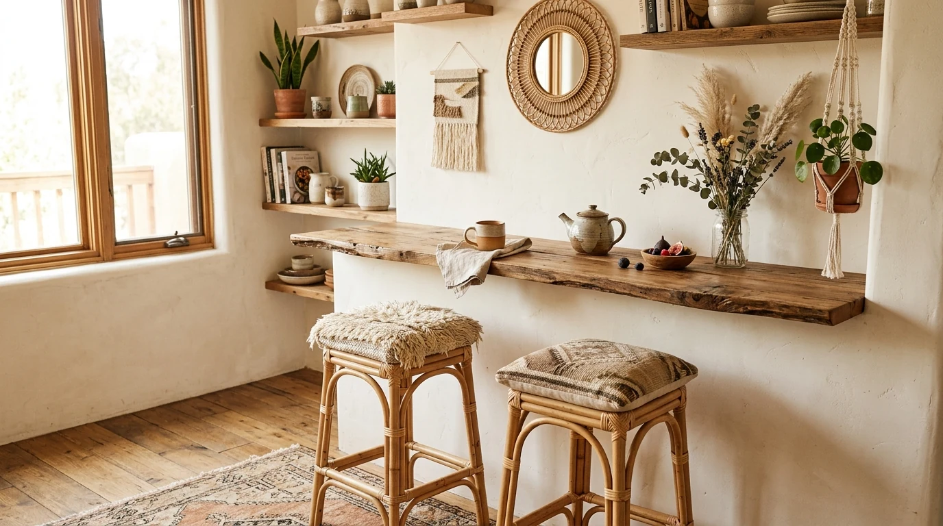 Airy breakfast bar with open support legs in a small kitchen.
