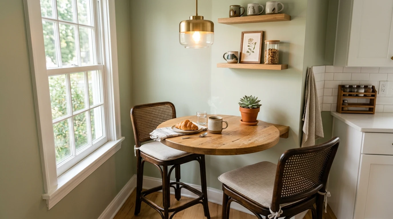 Wraparound breakfast bar counter maximizing a small kitchen corner.