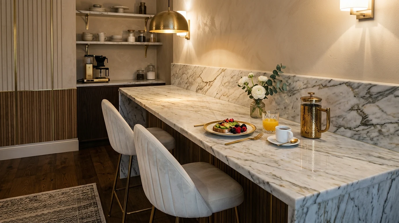 Rounded breakfast bar edge improving flow in a compact kitchen layout.