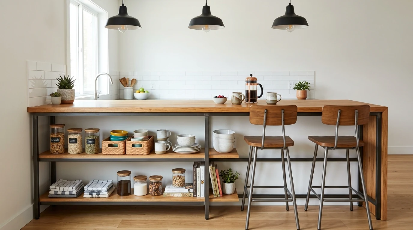 Compact breakfast bar with pendant lights in a stylish small kitchen.