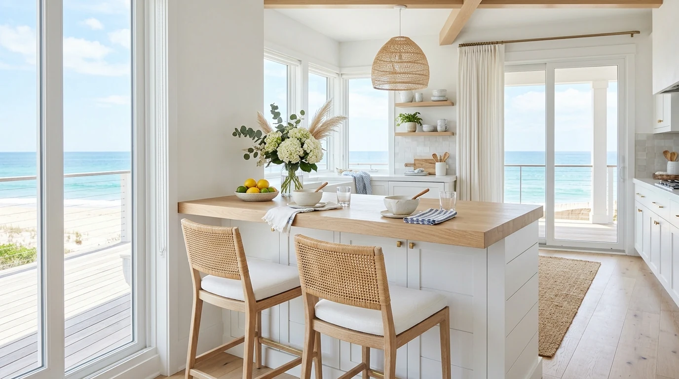 Small breakfast bar mixing stone countertops with warm wood accents.