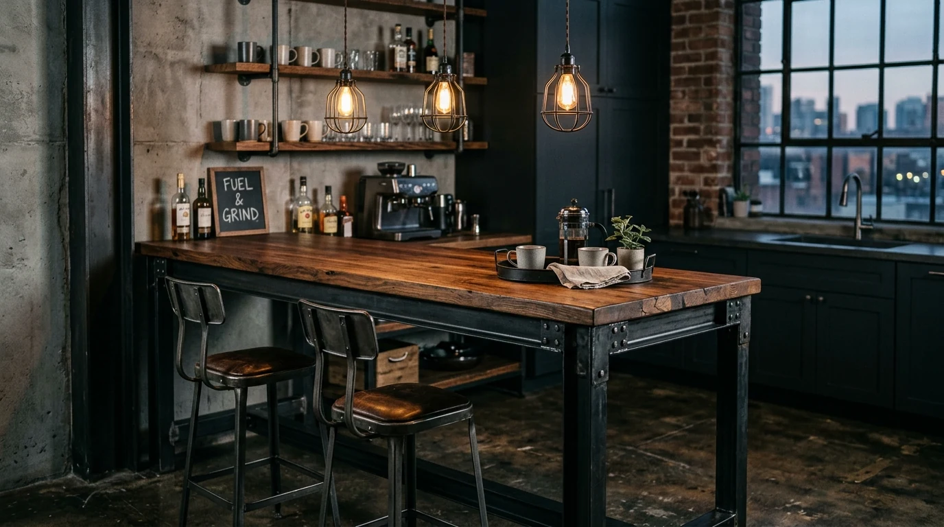 Small kitchen using a mobile cart as a breakfast bar and prep station.