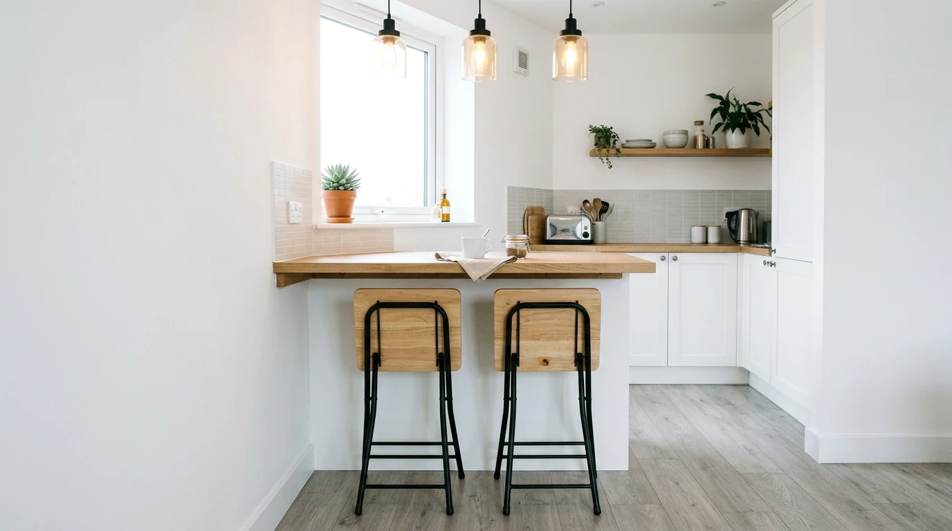 Small kitchen layout combining a breakfast bar with a compact banquette.