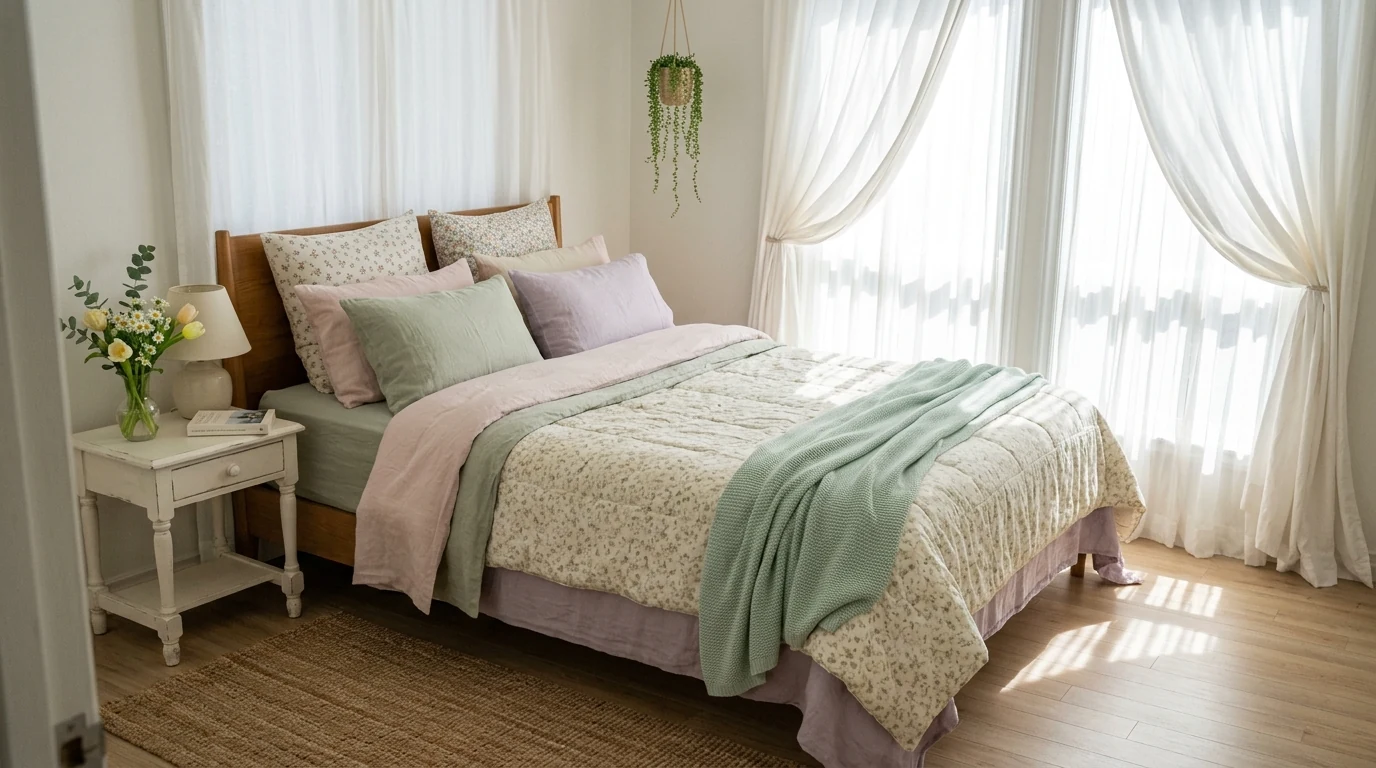 Spring living room updated with lighter textiles and fresh seasonal color.