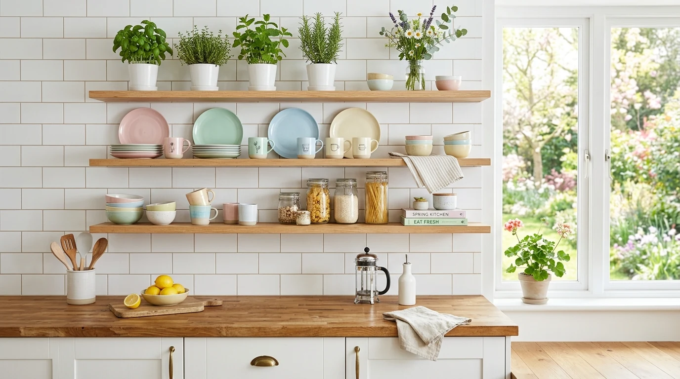 Spring coffee table styled with greenery and fresh seasonal accents.