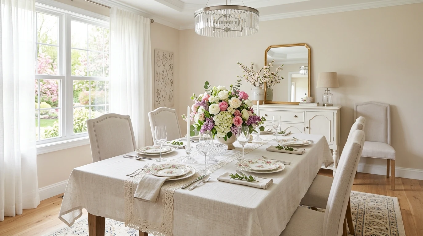 Spring mantel brightened with branches and fresh seasonal decor.