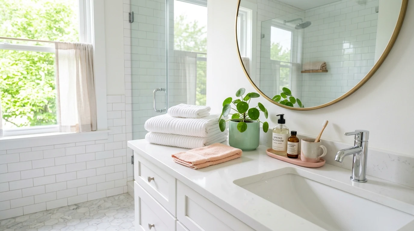 Spring dining area refreshed with simple flowers and a lighter table runner.
