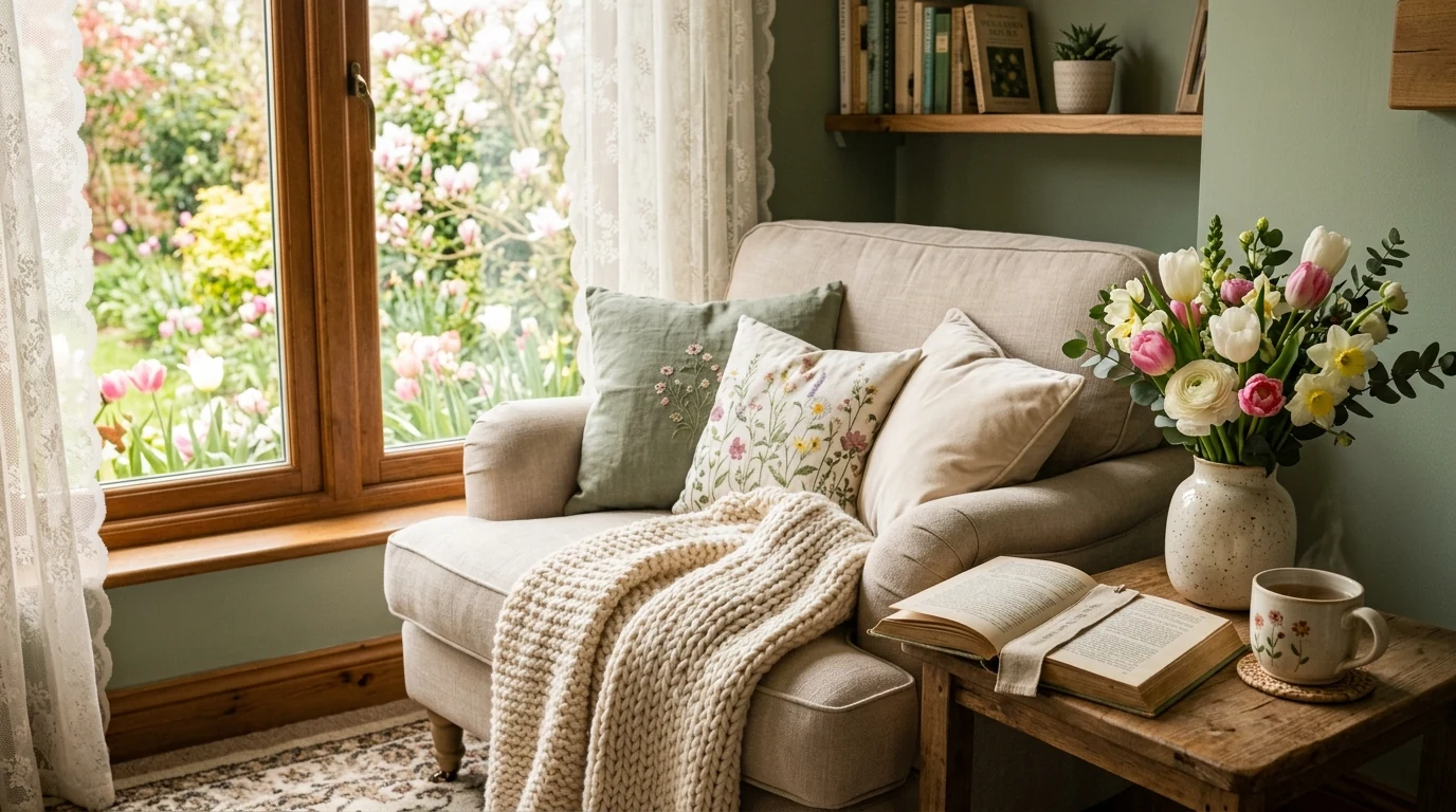 Spring bathroom decor with greenery and fresh simple seasonal touches.