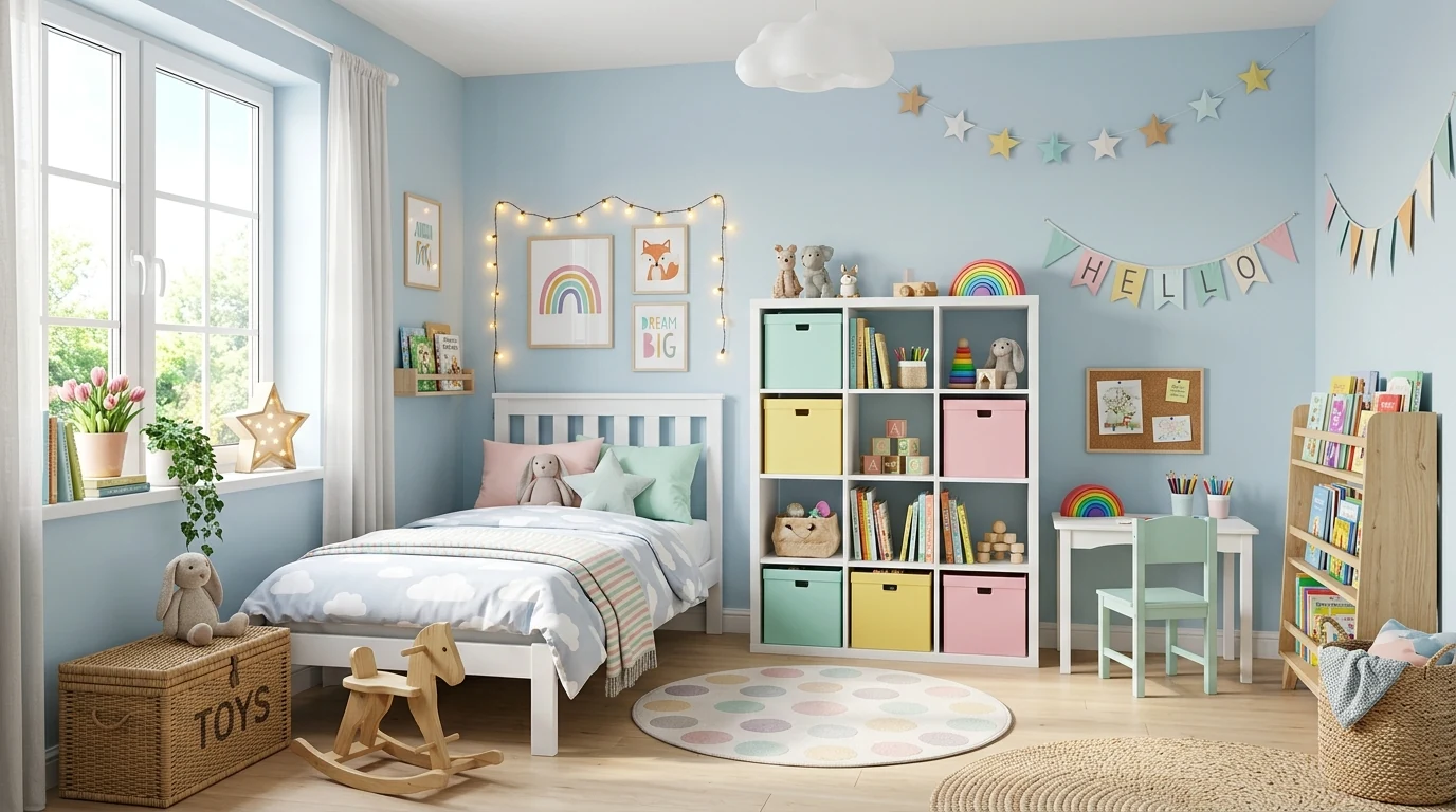 Open shelves restyled for spring with airy decor and lighter arrangement.