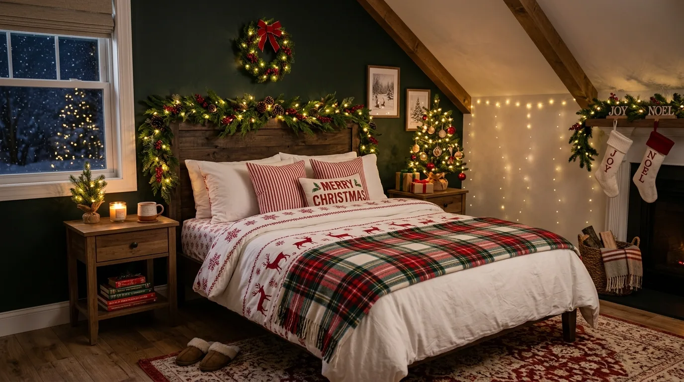 Cozy Christmas bedroom decorated with greenery, lights, and festive bedding.