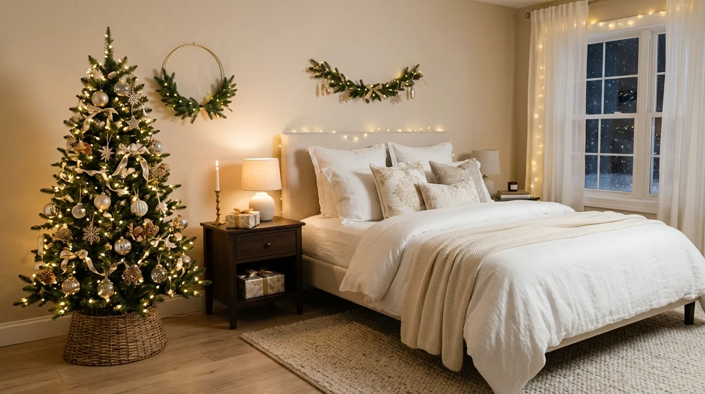 Cozy holiday bedroom styled with plaid Christmas bedding and pillows.