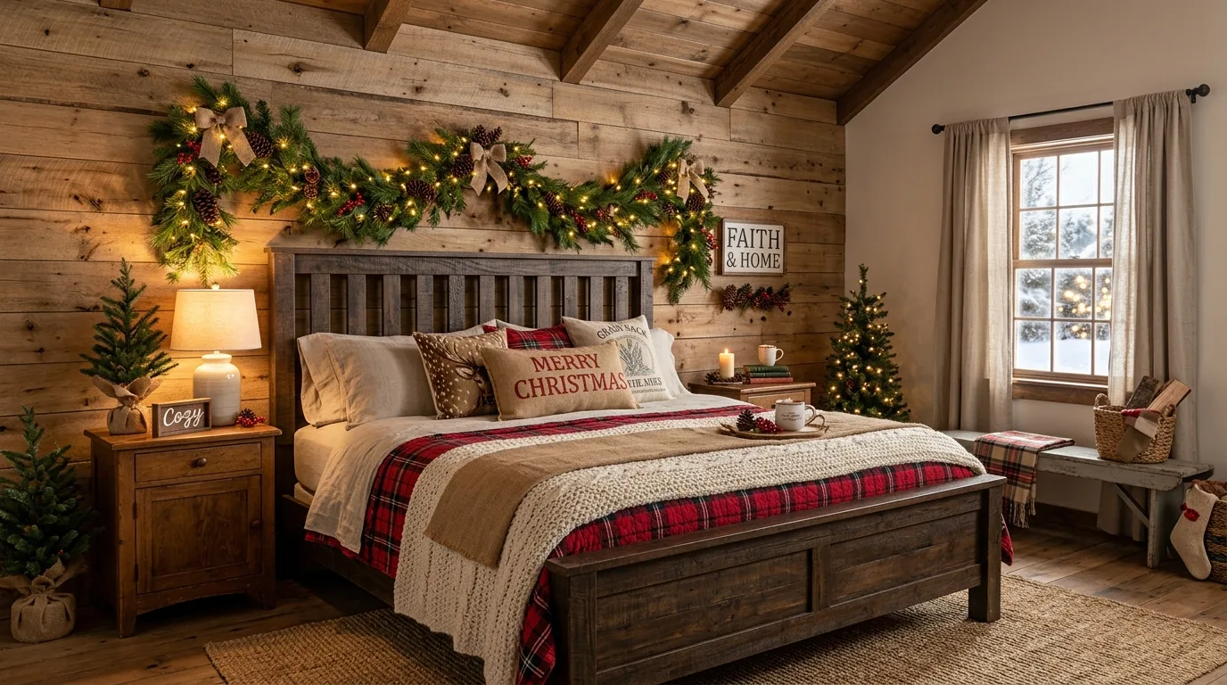 Christmas bedroom with a small lit tree placed in a cozy corner.